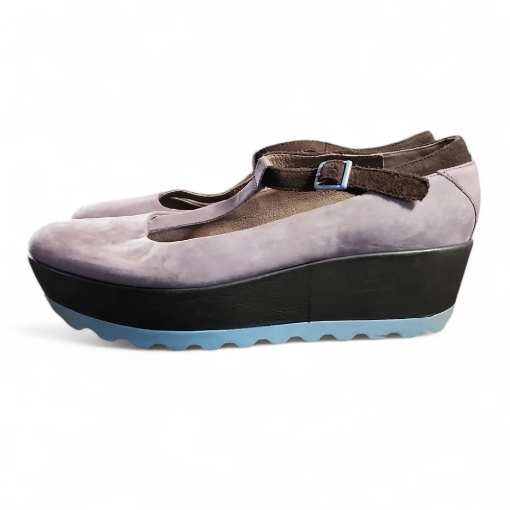 CAMPER Laika MultiColor T-Strap Chunky Platform Shoes Suede Violet Blue Gray